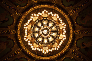 Closeup of chandelier in theatre