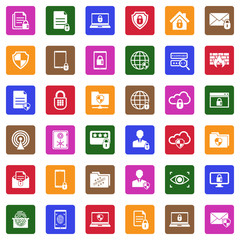 Business Data Protection Technology Icons. White Flat Design In Square. Vector Illustration.