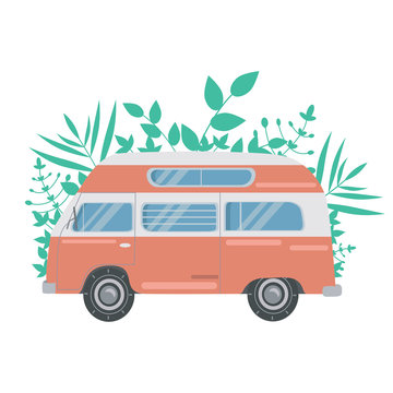 Retro van in leaves, icon, object isolated on white background. Pink house on wheels for traveling. Life in a camper