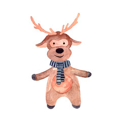 Hand painted watercolor cute Christmas dear in knitted blue scarf. Christmas winter character for postcard isolated on white background.