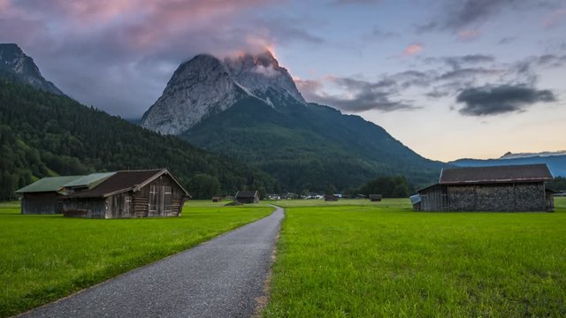 Garmisch partenkirchen view of zugspitze mountain alps mountain meadow germany bavaria.