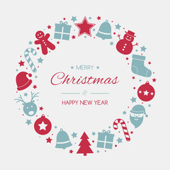 Christmas background with holiday wreath made of festive decoration and greetings. Vector