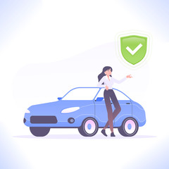 Car insurance concept. Confident young woman leans to her car and pointing on protection shield. Concept of automobile safety, vector illustration