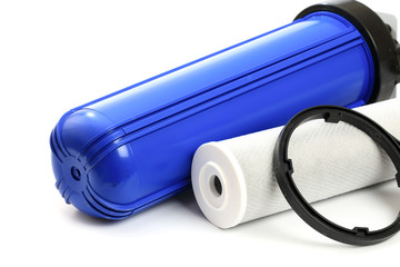 filter flask with replaceable cartridge carbon filter and key-  system for water treatment isolated  - Image