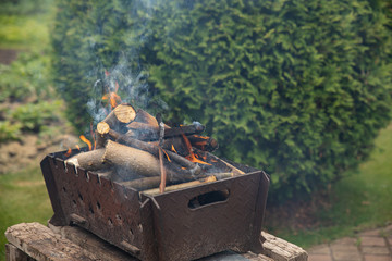 A fire burning in a barbecue in the backyard.
