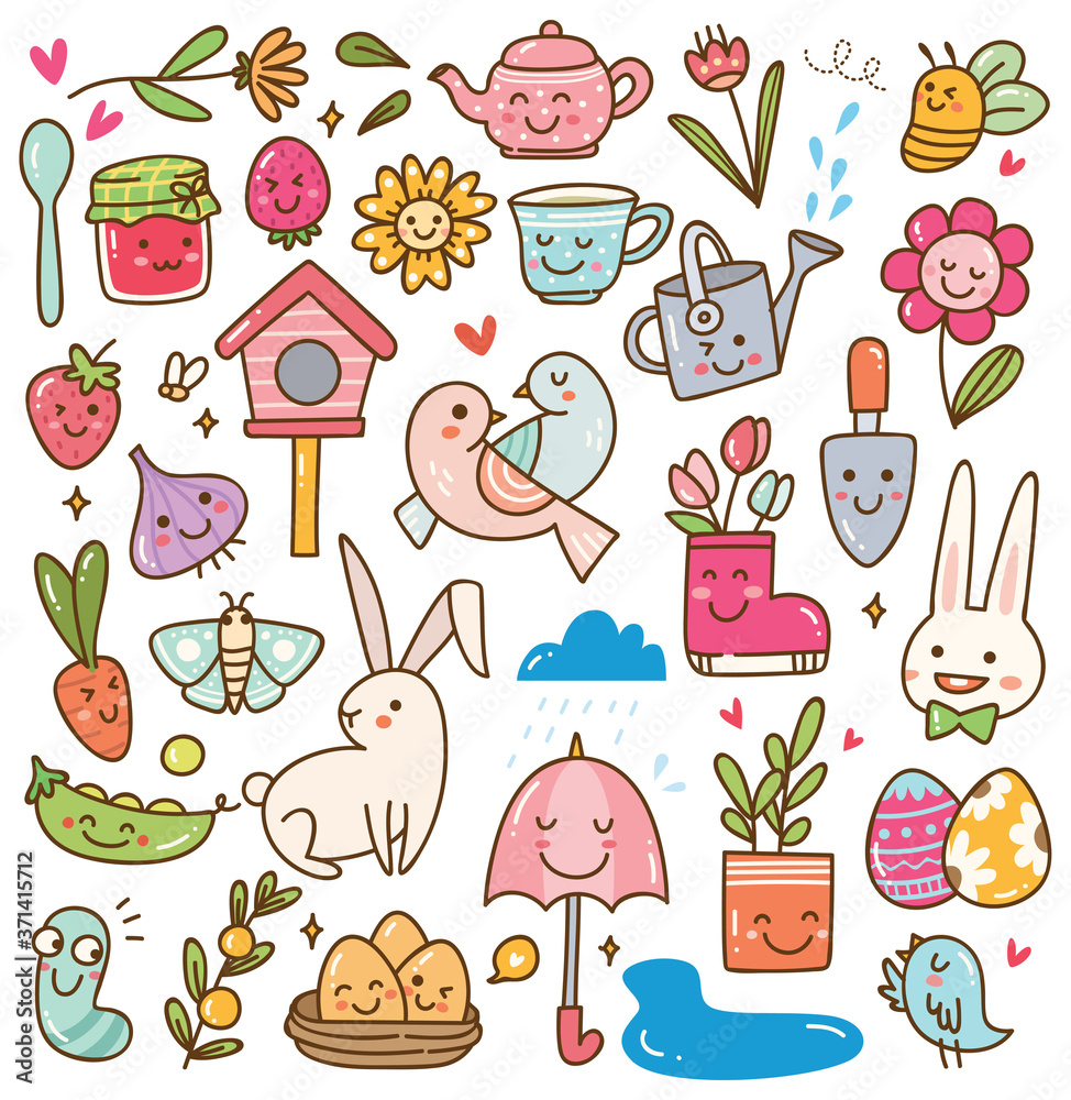 Sticker spring season kawaii doodle set