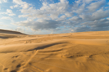 Fototapeta na wymiar Sand dune view with cloudy blue sky.