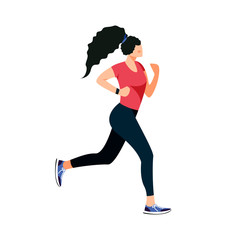 Isolated on white running woman vector illustration. Jogging female character design element. Athletic in flat cartoon style.