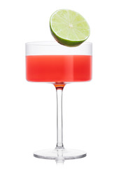 Cosmopolitan cocktail in modern crystal glass with lime half on white.