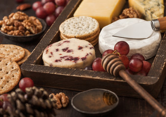 Fototapeta na wymiar Selection of various cheese in vintage box grapes on wooden table background. Blue Stilton, Red Leicester and Brie Cheese and nuts with crackers and honey. Close up