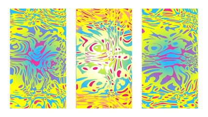 Tropical floral pattern, canvas vector set. Psychedelic illusion, hippie curvature. Art background, yellow abstract set