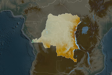 Democratic Republic of the Congo borders. Neighbourhood desaturated. Relief