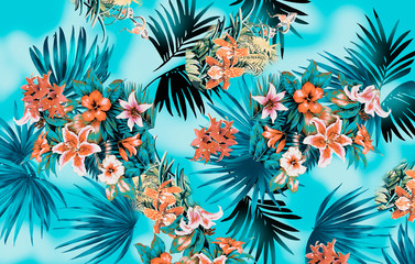 Floral seamless pattern tropical palm pattern hand drawn with exotic palm leaves - 371418925