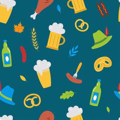 Oktoberfest seamless vector pattern with beer, sausages, leave, hat, pretzel,wheat on a blue background. Vector flat illustration. For the design of textiles, Wallpaper, wrapping paper, postcards.