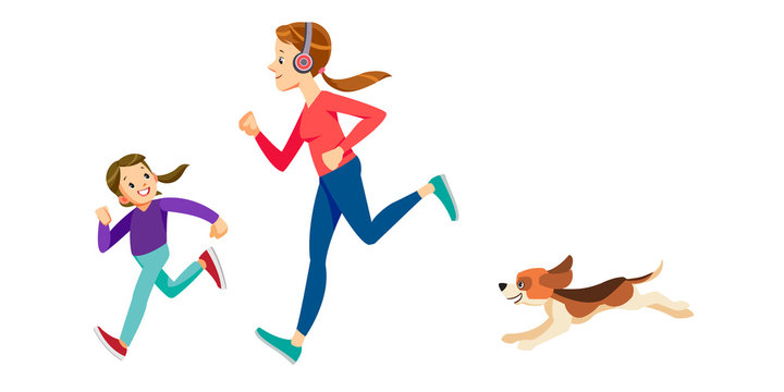 Happy Family Run, Fun Sport Activity. Mom, Daughter and Dog Fitness Healthy Lifestyle. Concept motherhood child-rearing. Mother's day holiday concept. Isolated vector illustration in cartoon style.