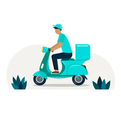 Delivery concept design. Courier service, worker riding scooter, motorcycle loaded with box. Colorful vector illustration.