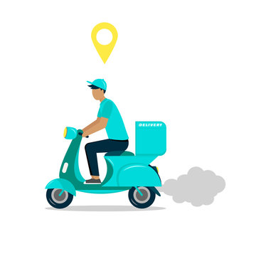 Delivery concept design. Courier service, worker riding scooter, motorcycle loaded with box. Colorful vector illustration.