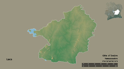 Lacs, district of Côte d'Ivoire, zoomed. Relief