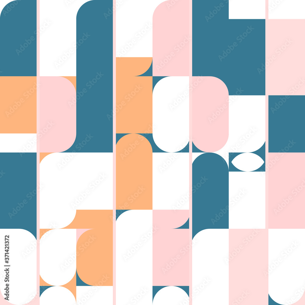 Poster Modern vector abstract seamless geometric pattern with semicircles, circles ,squares and lines in retro scandinavian style. Illustration with geometric figures. 