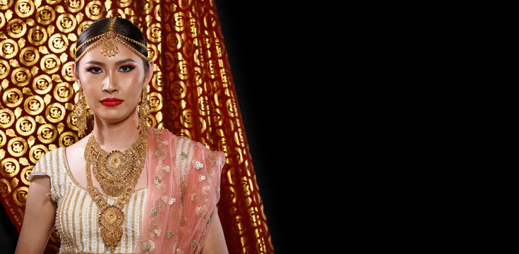 India Traditional costume Wedding bride dress on Beautiful Woman Portrait