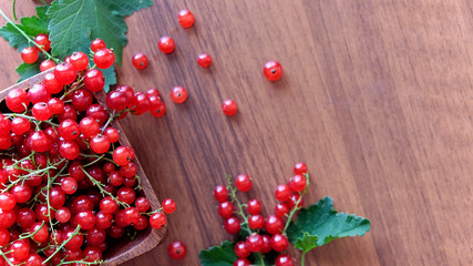 wet red currant on brown wooden table.