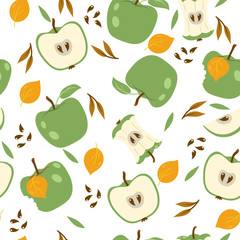Seamless pattern with green apples on a white background. Vector graphics.