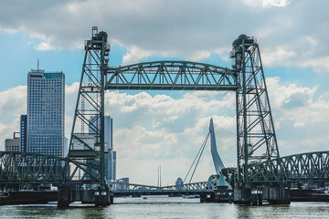 Fototapeta na wymiar Rotterdam South Holland/Netherlands -June 11 2020 : beautiful view of De Hef Bridge in Rotterdam.