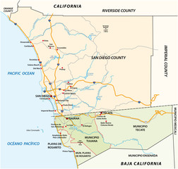 Road vector map of the cross-border agglomeration San Diego-Tijuana, Mexico, United States - obrazy, fototapety, plakaty