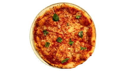 Red slice tomato sauce pizza with basil leaves