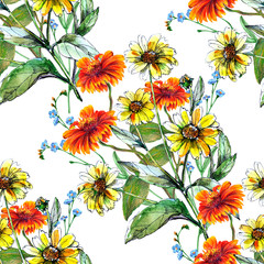  Flowers sun with a leaf on a white background.  Seamless pattern for fabric. 