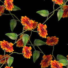  Flowers sun with a leaf on a black background.  Seamless pattern for fabric. 