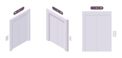 Set isometric closed metal door to a passenger or freight elevator lift in an office, hotel, skyscraper. © yokunen