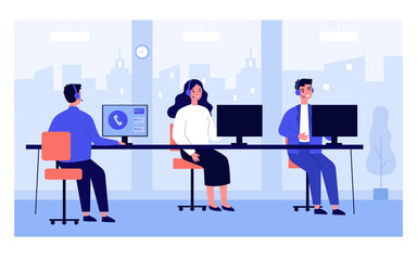 Call center operators at their office workplaces. Support service consultants wearing headsets, working at computers. Vector illustration for customer support, hotline, telemarketing concepts