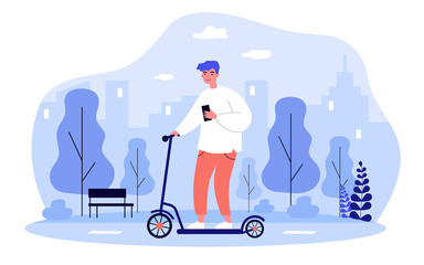 Hipster guy with smartphone riding electric scooter in city. Young man using portable urban transport on sidewalk. Vector illustration for transportation, activity, urban lifestyle concept