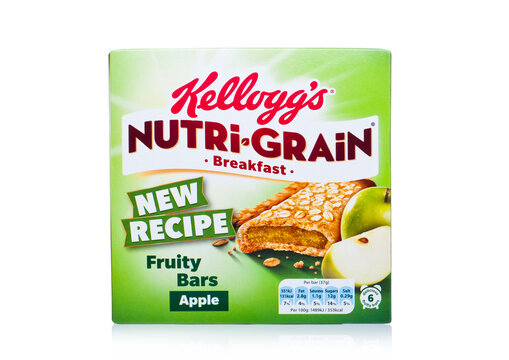 LONDON, UK - DECEMBER 15, 2017: Box of Kellogg's brand Nutri grain Soft Baked Breakfast Bars on white. Made with Real Fruit and Whole Grains. Apple