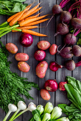 Set of vegetables. Carrot and beet with tops, potato, garlic top view flat lay