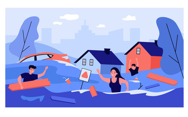 Scared people in flooded suburb street. Houses, cars, rubbish floating on water. Vector illustration for natural flood disaster, tsunami, emergency, river overflow concepts
