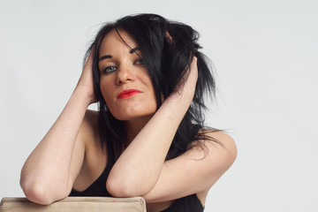 Photo session in the studio. White woman as a model. Portraits