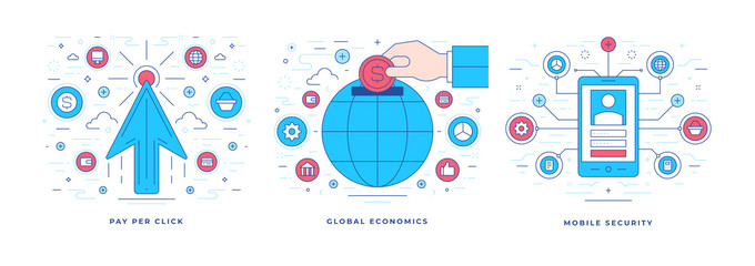Set of vector illustrations flat line banners with icons designed for website promoting various convenient
