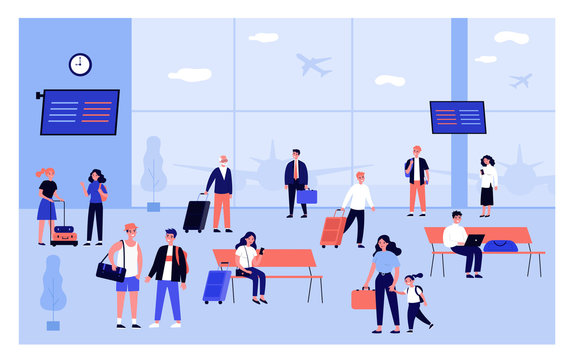 Passengers waiting their boarding in terminal. Tourists with luggage, walking and sitting on airport seats. Vector illustration for travel by plane, transport, flight concept.