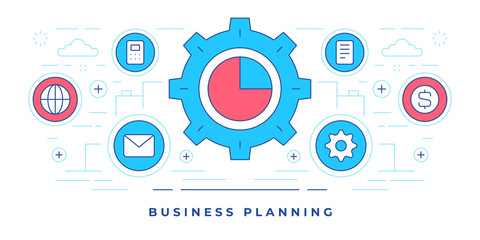 Vector illustration of flat line banner with gear and icons for modern website offering business planning services