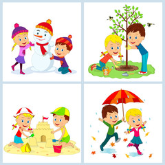 kids,boy and girl and four seasons, illustration,vector