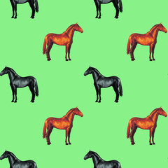 Naklejka premium seamless background of realistic figures of horses, on a green background for packaging, postcards, notebooks, fabrics