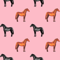 Obraz premium seamless background of realistic figures of horses, on a pink background for packaging, postcards, notebooks, fabrics