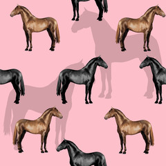 seamless background of realistic figures of horses, on a pink background for packaging, postcards, notebooks, fabrics