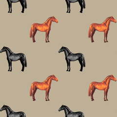 seamless background of realistic figures of horses, on a beige background for packaging, postcards, notebooks, fabrics