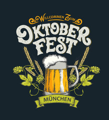 Vector illustration. Translation from German; Welcome to Oktoberfest. Oktoberfest handwritten lettering. Beer Festival vector banner. Design template celebration.