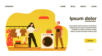Technical service worker repairing washing machine. Home, overall, tool box flat vector illustration. Maintenance, engineer, customer help concept for banner, website design or landing web page