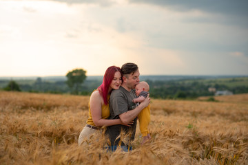Naklejka na ściany i meble Father, mother and their little son have fun together in a wheat field.
