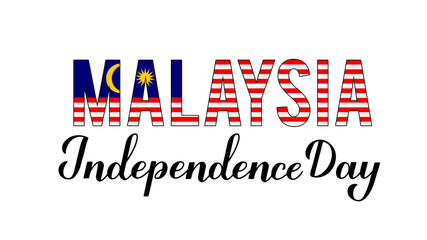 Malaysia Independence Day calligraphy hand lettering with flag isolated on white. National holiday celebrated on August 31. Vector template for typography poster, banner, greeting card, flyer, etc